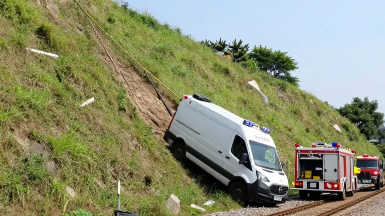 Illustration for: Fire crews cut driver free from van after train strike on embankment